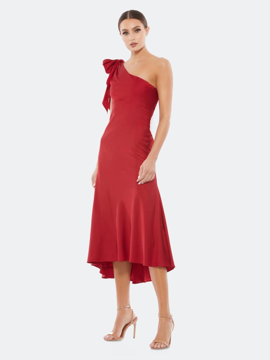 One-shouder Bow Satin Midi A-line Dress In Deep Red Product Image