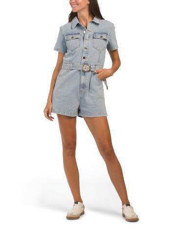 Short Sleeve Denim Romper With Belt for Women | Polyester/Cotton Product Image