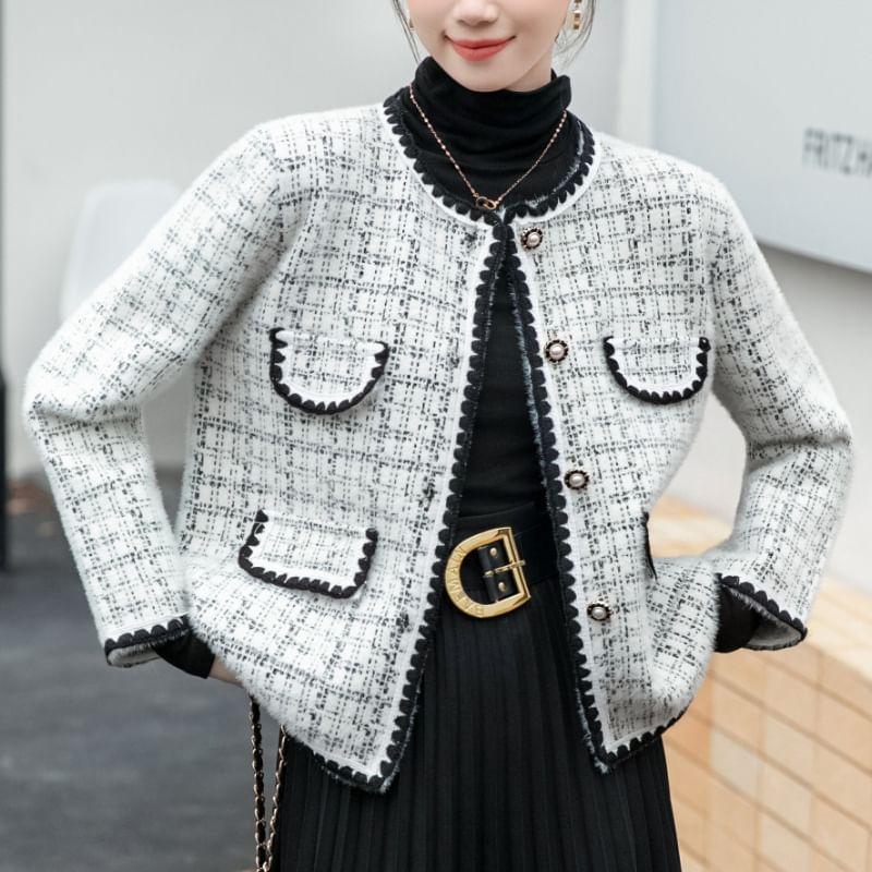 Round Neck Tweed Cropped Button Jacket Product Image