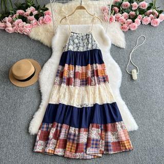 Spaghetti Strap Print Block A-Line Dress Product Image