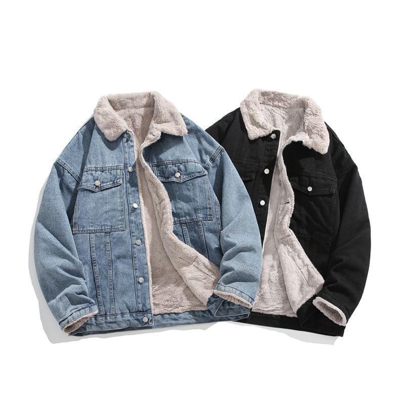 Fleece Lined Collared Button-Up Denim Jacket Product Image