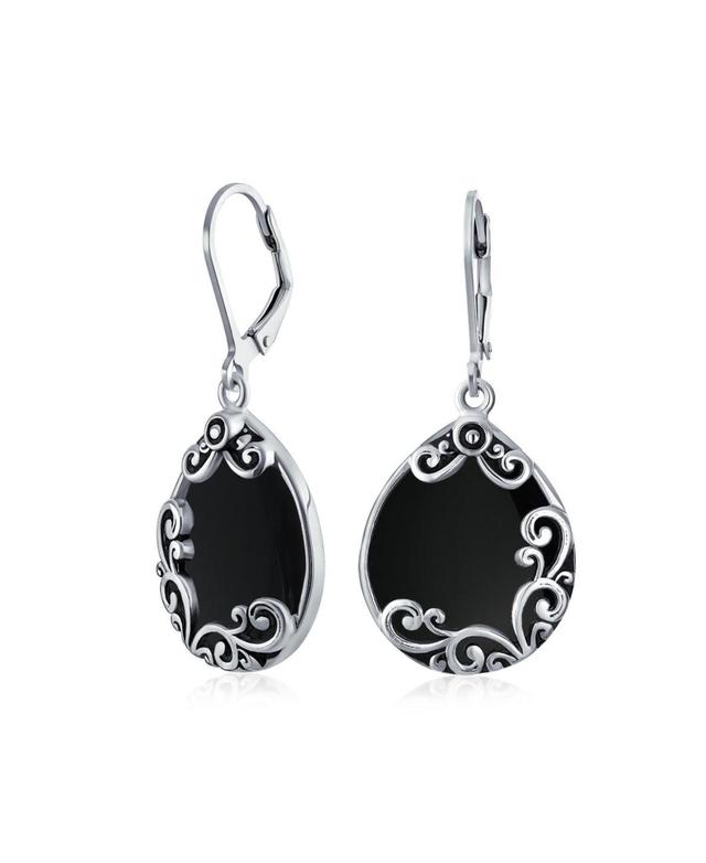 Bling Jewellery Western Style Teardrop Scroll Filigree Scroll Stabilized Lever Back Dangle Earrings For Women .925 Sterling Silver - Black Product Image