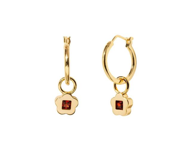 Womens 14K Gold Plated Earrings Garnet Flower Hoops Product Image