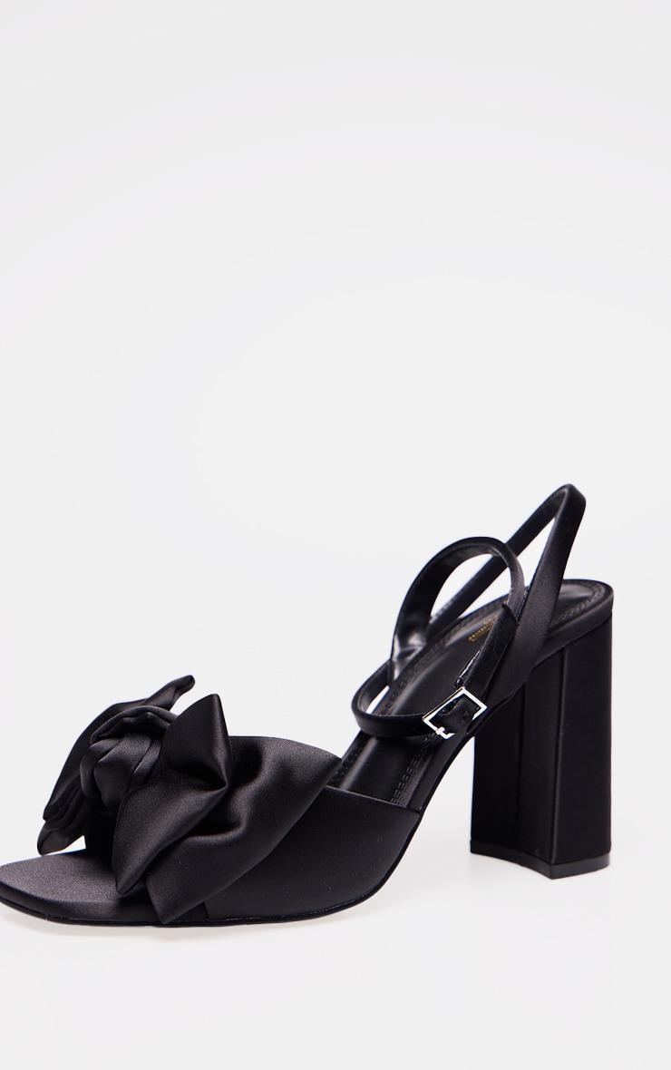 Wide Fit Black Satin Round Toe Bow Block Heeled Sandals Product Image