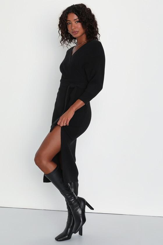 Fall into Fashion Black Dolman Sleeve Sweater Midi Dress Product Image