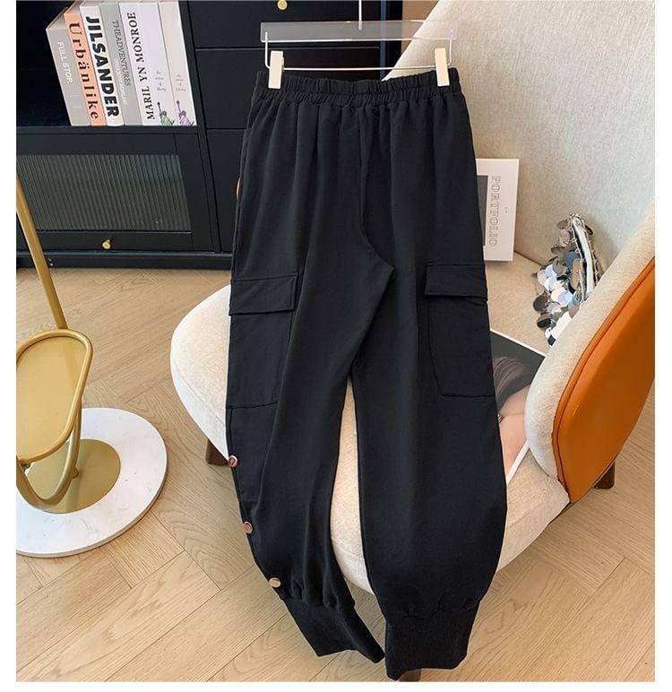 Plus Size Elastic Waist Plain Harem Cargo Pants Product Image