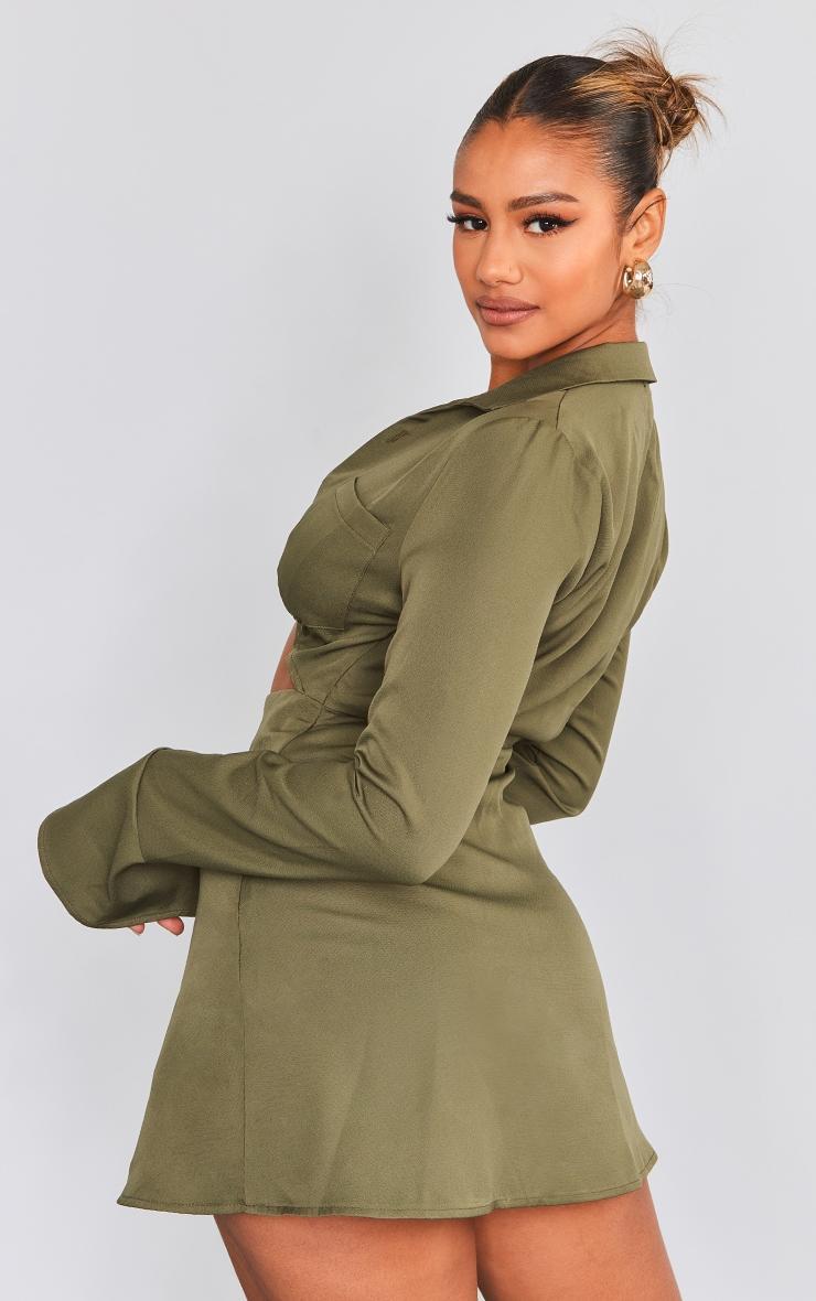 Khaki Collar Detail Cut Out Flare Sleeve Shift Dress Product Image