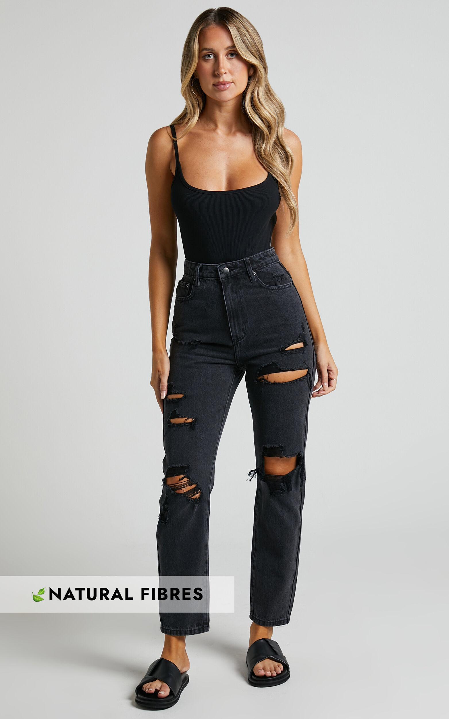 Billie Jeans - High Waisted Cotton Distressed Mom Denim Jeans in Black Wash product image