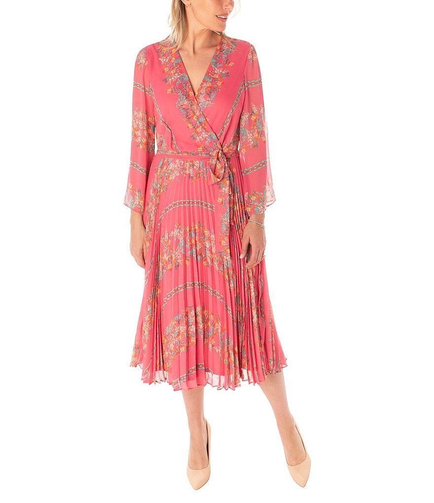 Maison Tara Floral Print 3/4 Sleeve Surplice V-Neck Pleated Skirt Chiffon Midi Dress Product Image