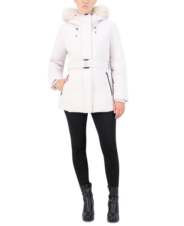 Cole Haan Womens Belted Faux-Fur-Trim Hooded Puffer Coat Product Image