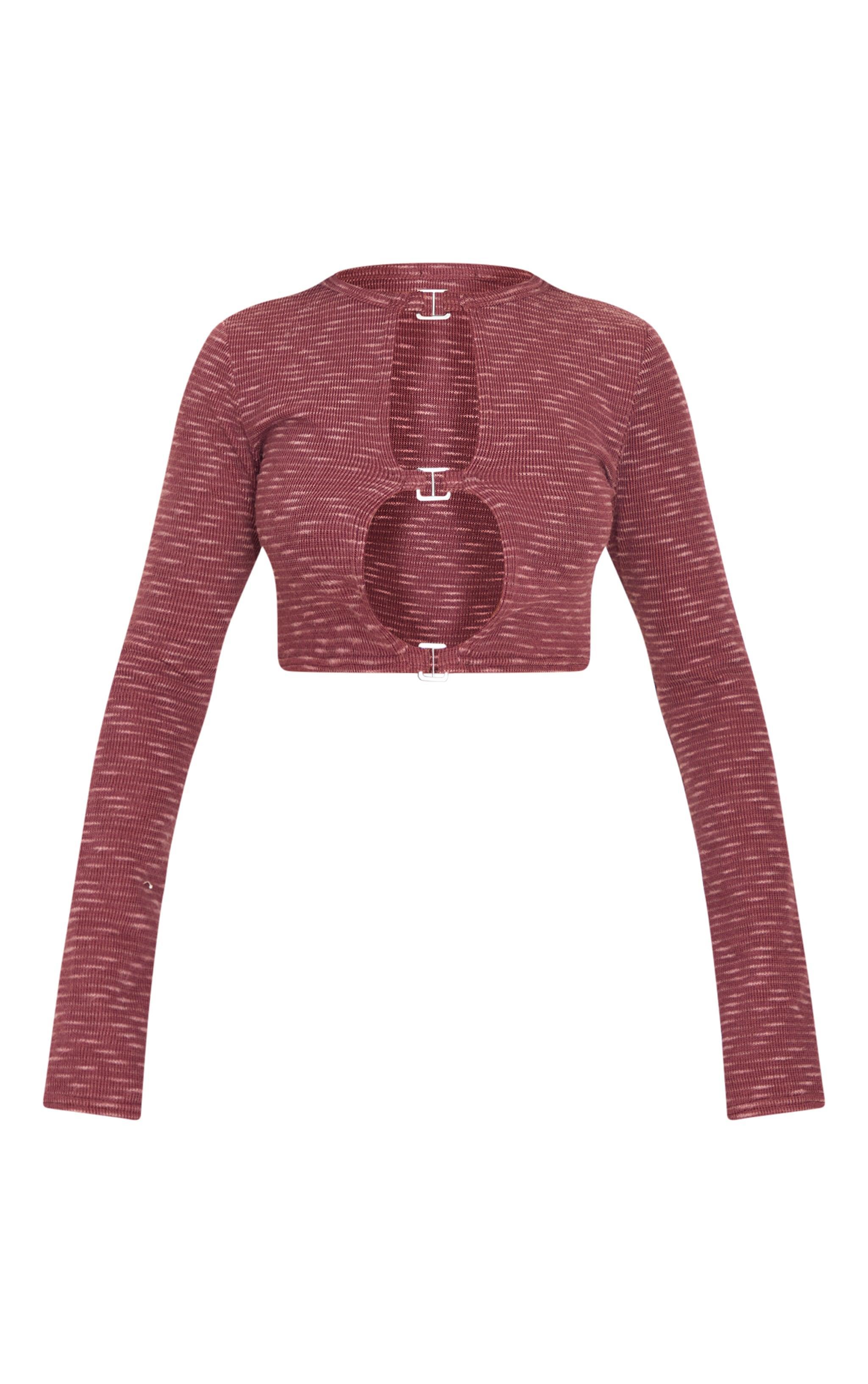 Brown Distressed Look Buckle Detail Long Sleeve Top Product Image