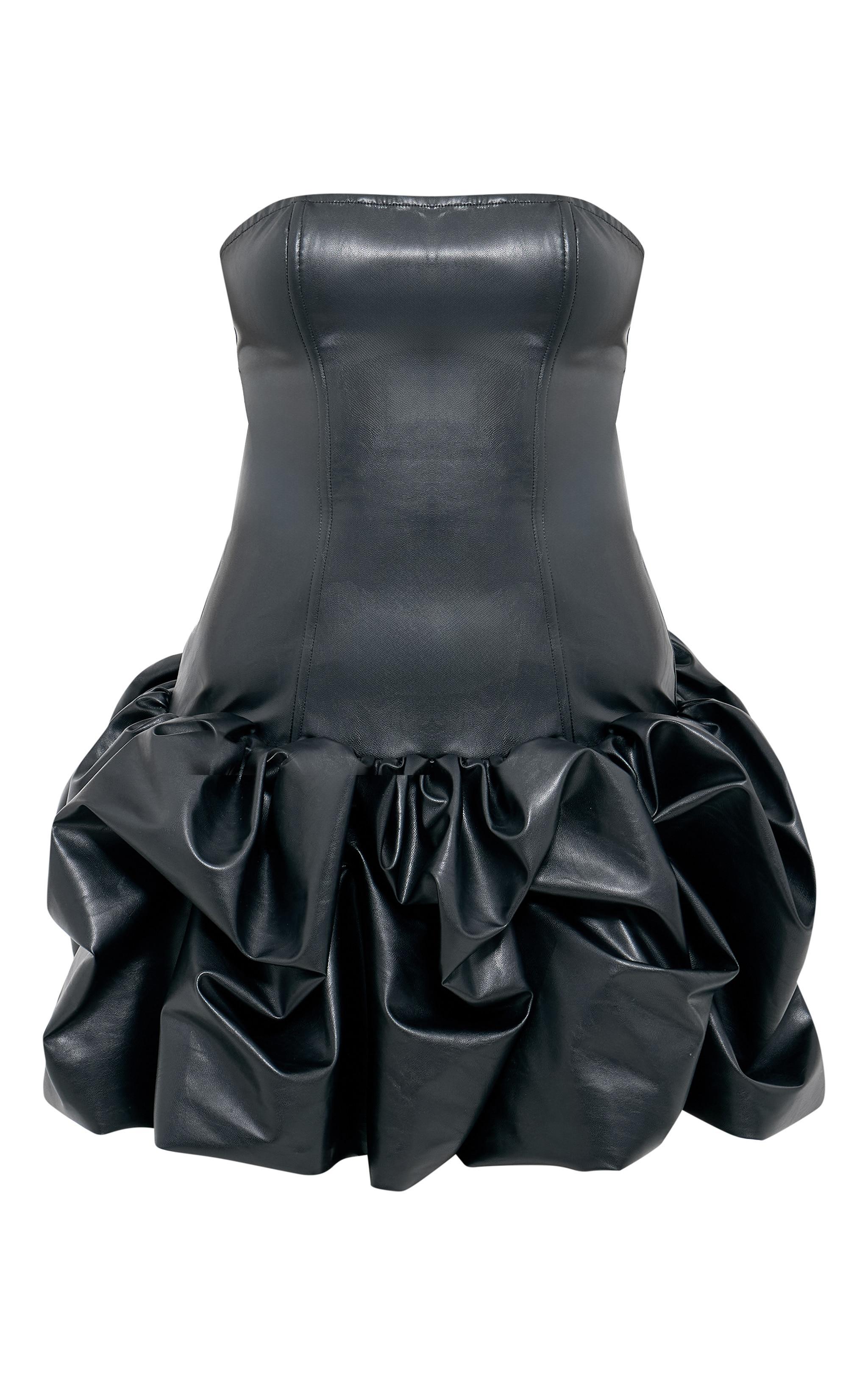 Black Faux Leather Bandeau Puffball Mini Dress Product Image