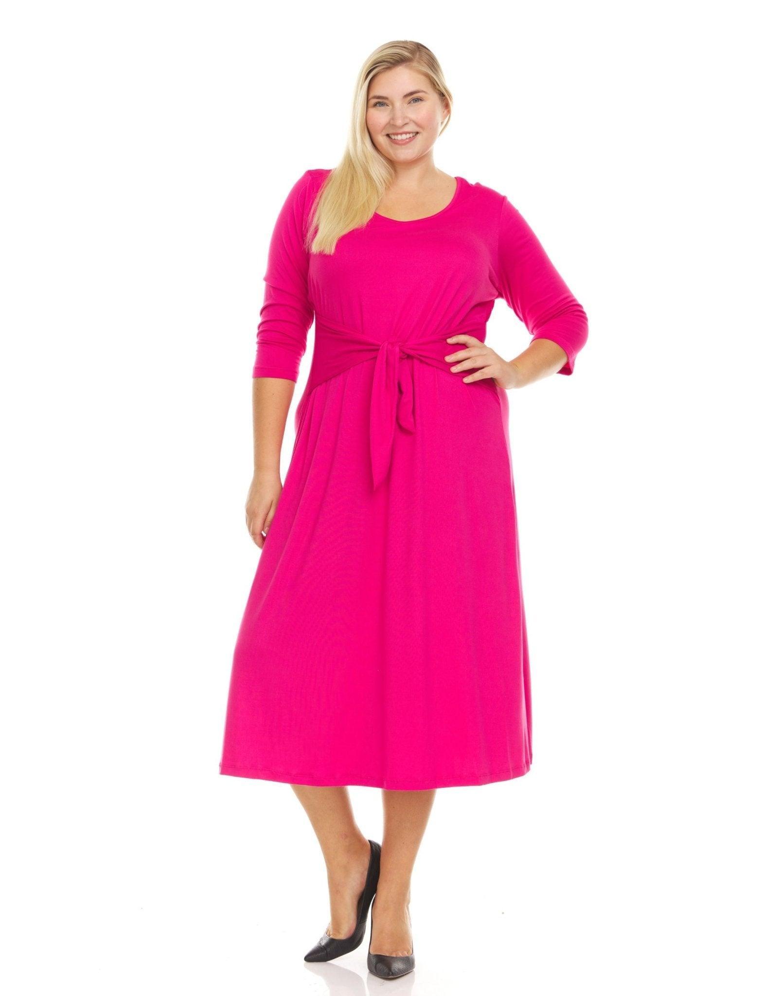 3/4 Sleeve Crew Neck Solid Color A-Line Midi Dress With Self Tie Belt - Plus Product Image