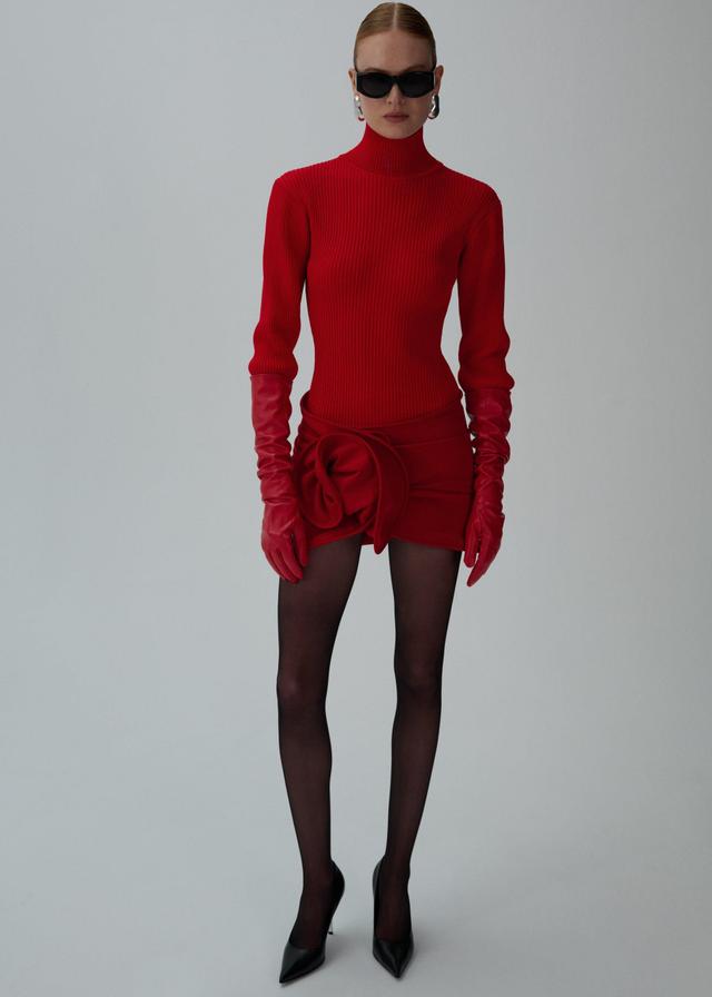 Ribbed high-neck bodysuit in red Product Image