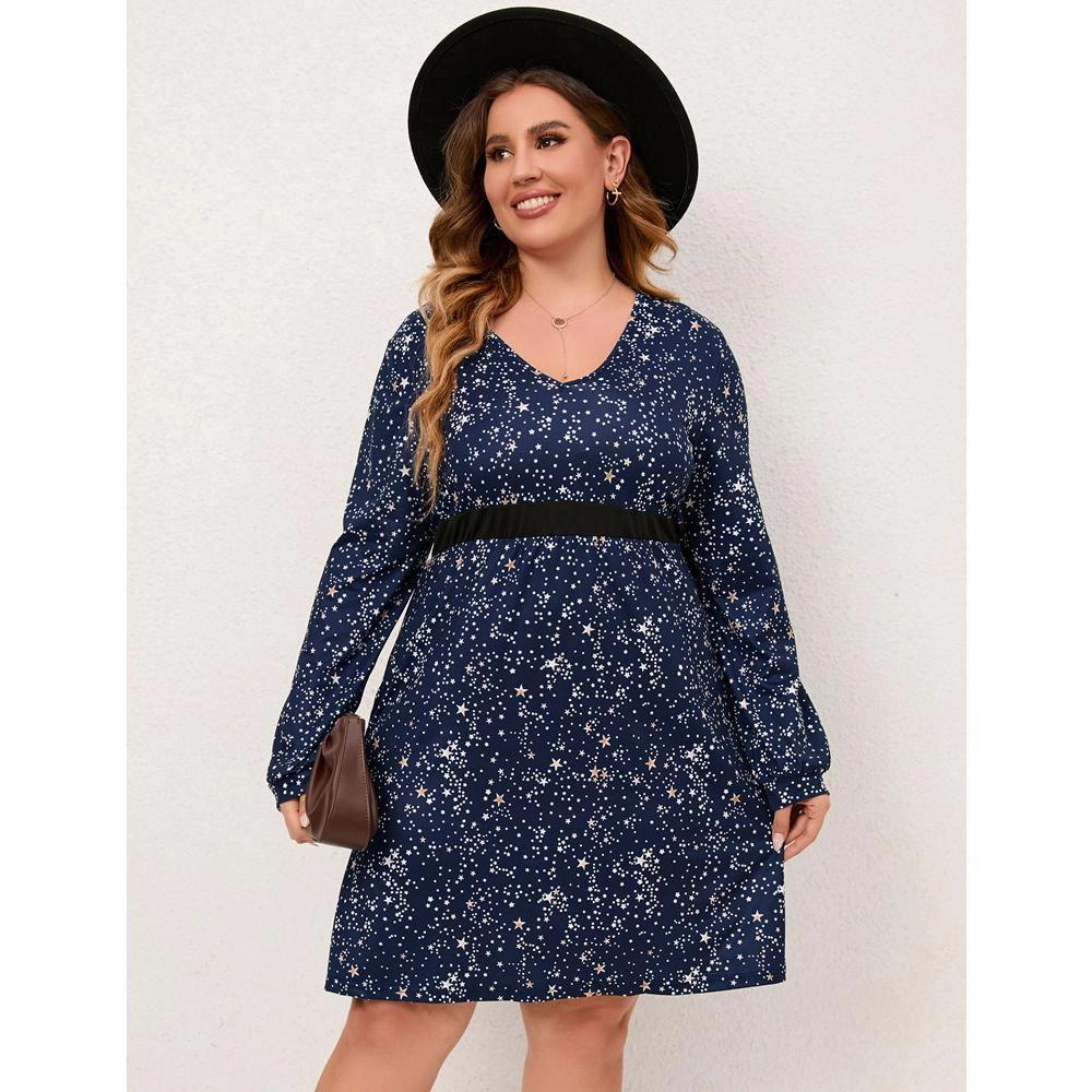 WhizMax Women Plus Size Dress Floral Print V Neck A Line Dresses Long Sleeve High Waist Dresses Product Image