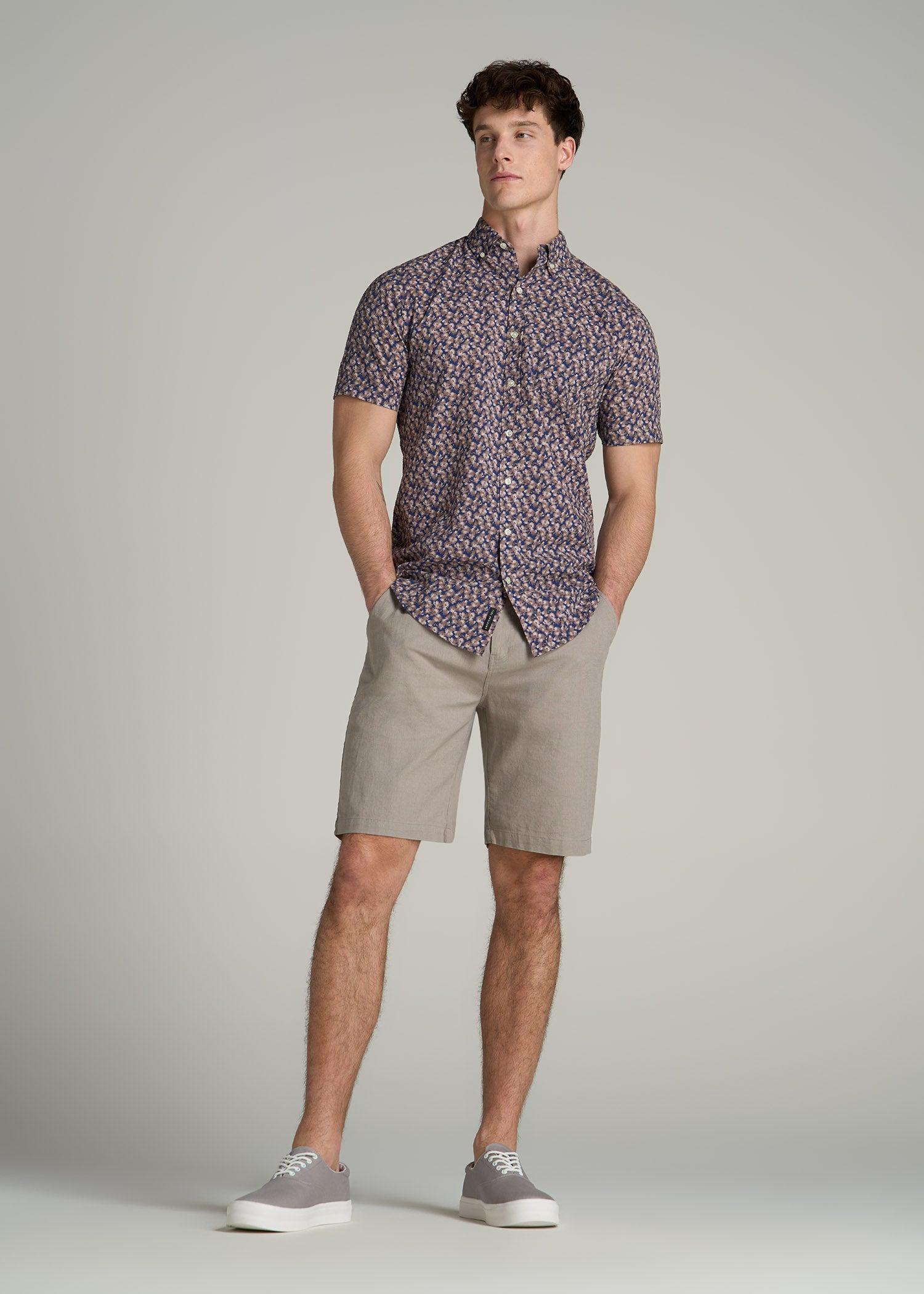 Seersucker Tall Men's Short Sleeve Shirt in Beige & Indigo Blossom Print Product Image