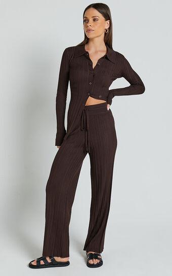 Kelsey Pants - High Drawstring Waist Knit Pants in Chocolate product image