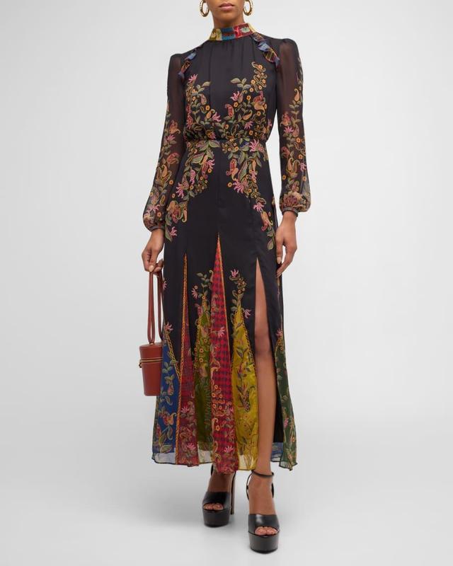 Jacqui-B Belted Floral Silk Midi Dress Product Image