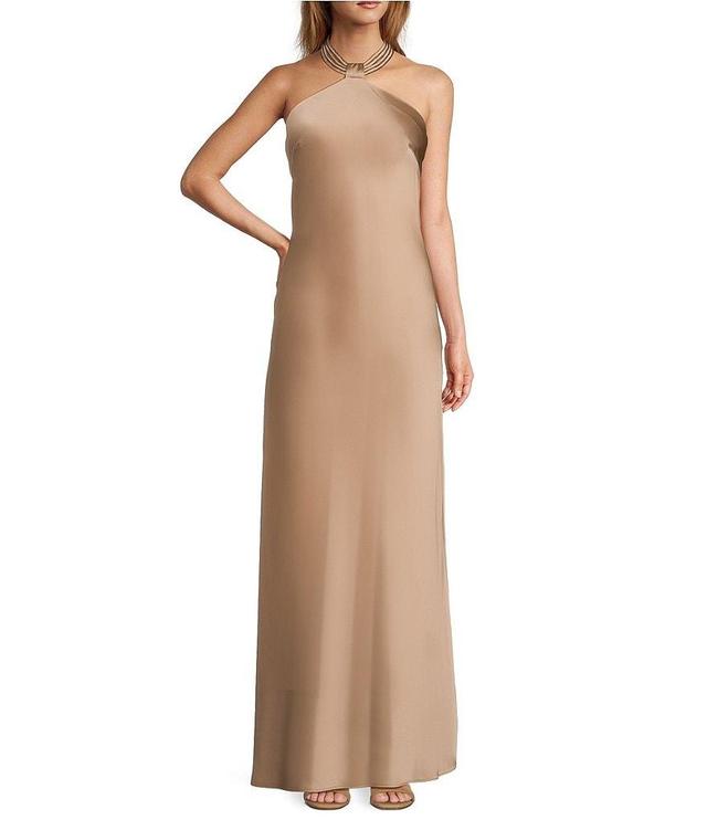 Antonio Melani Dreama Satin Ruched Halter Neck Sleeveless Sheath Slip Maxi Dress Product Image