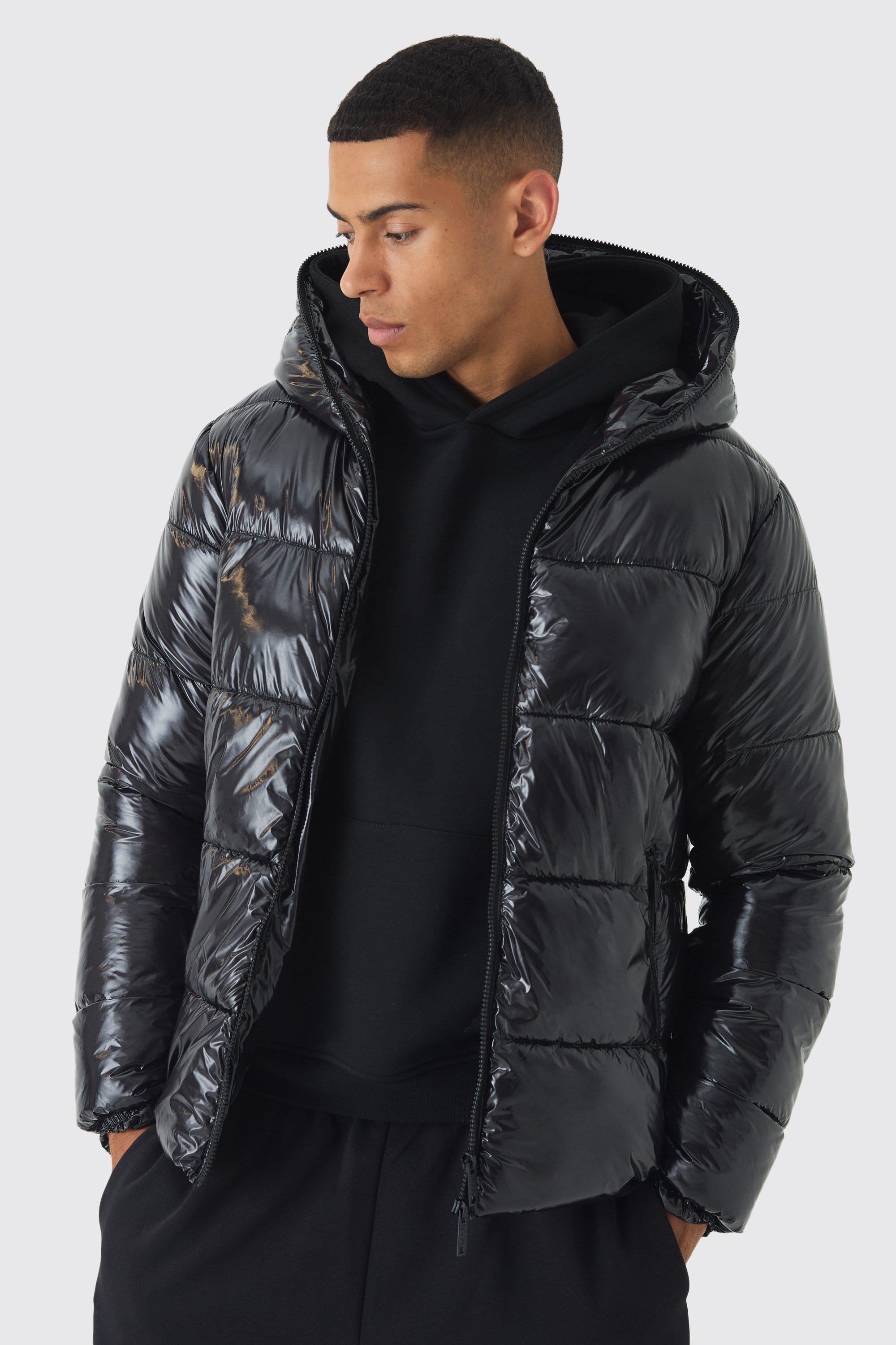 Zip Hood Vinyl Hi Shine Puffer Jacket In Black | boohooMAN USA Product Image