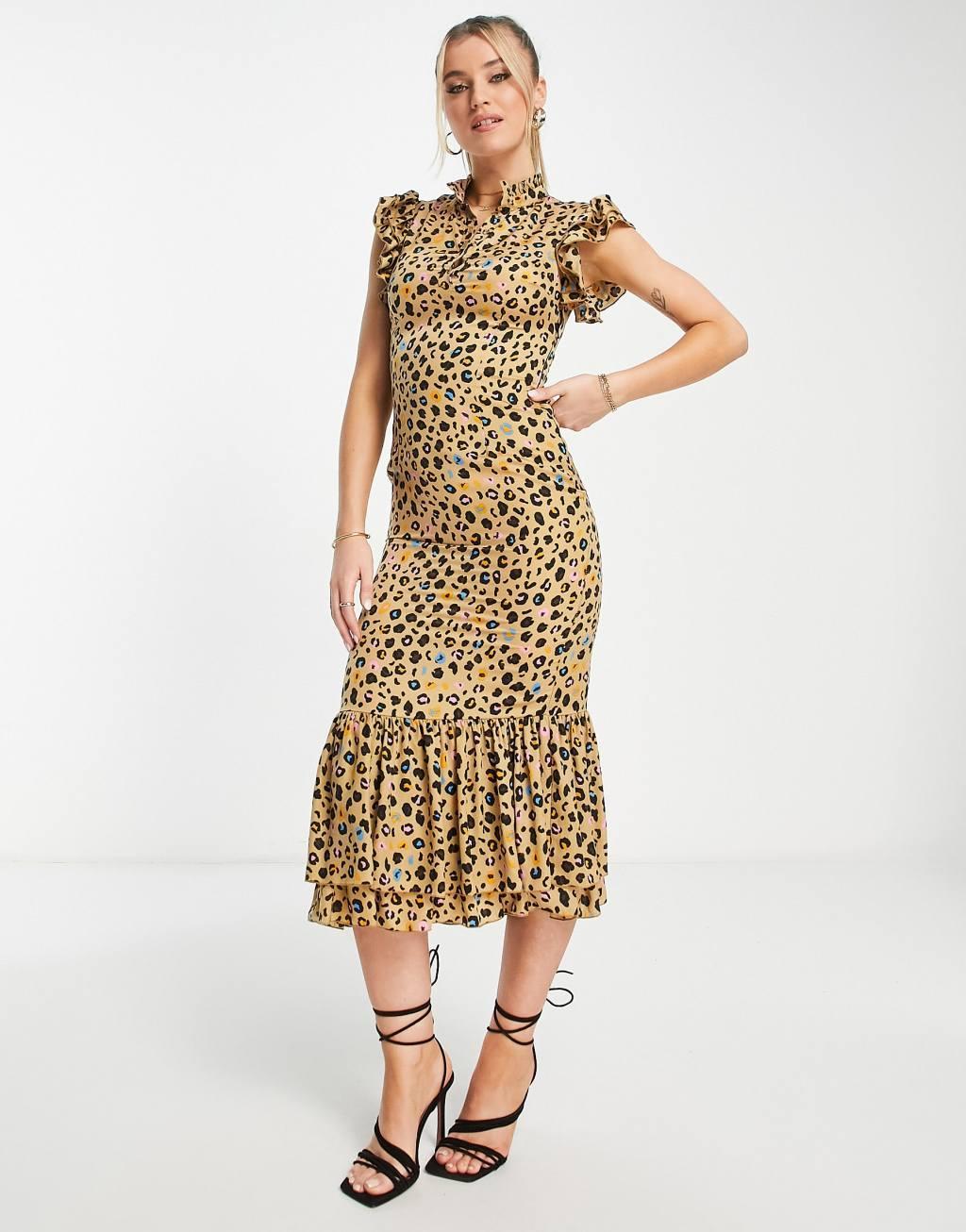 Never Fully Dressed frill sleeve ruffle midaxi dress in leopard confetti Product Image