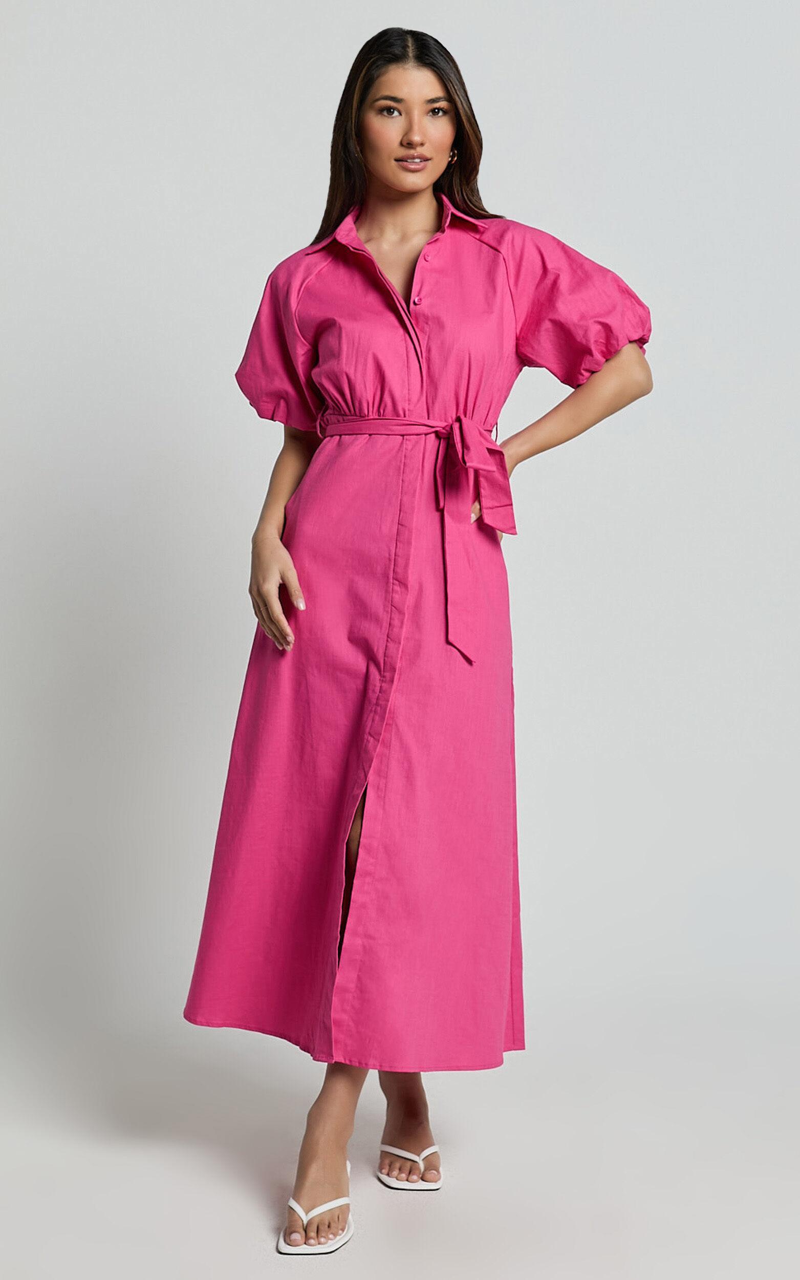 Jesse Midi Dress - Puff Sleeve Collared Shirt Dress in Hot Pink Product Image