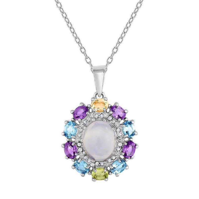 Sterling Silver Gemstone Oval Halo Pendant Necklace, Womens Multicolor Product Image