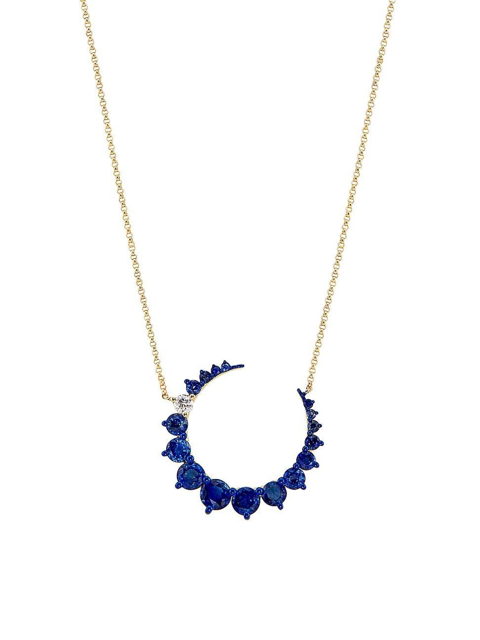 Womens 14K Yellow Gold, Blue Sapphire & 0.11 TCW Diamond Crescent Moon Pendant Necklace Product Image