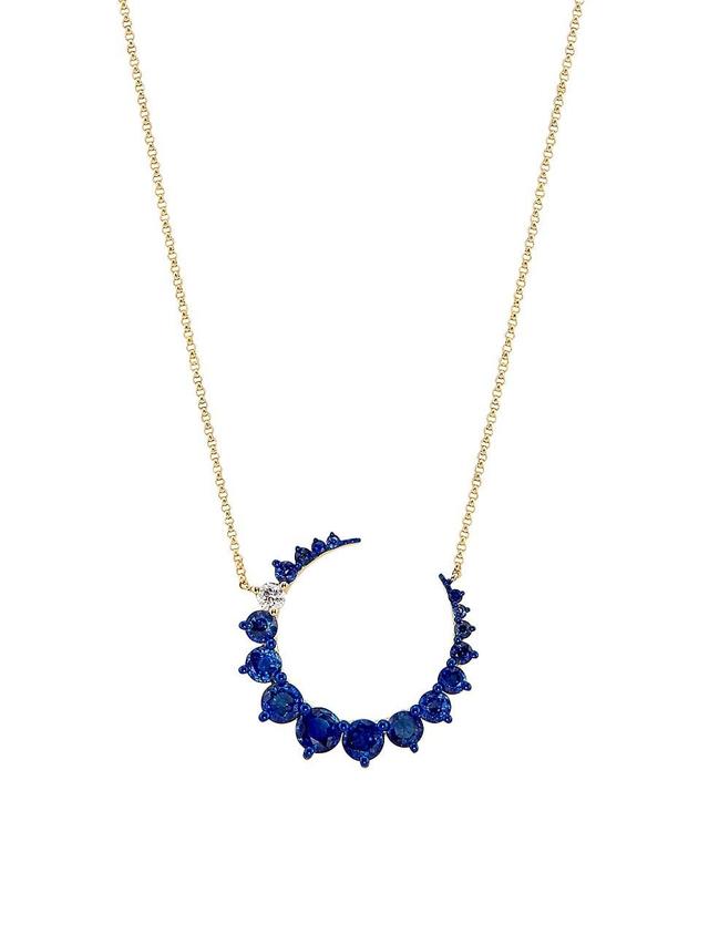 Womens 14K Yellow Gold, Blue Sapphire & 0.11 TCW Diamond Crescent Moon Pendant Necklace Product Image