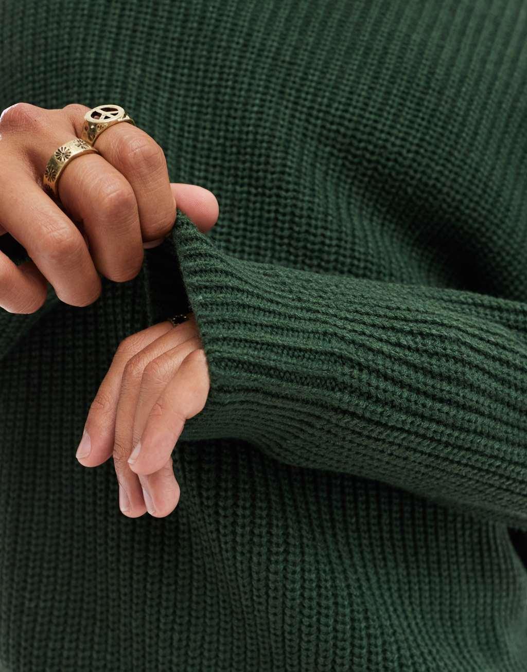 ASOS DESIGN oversized knitted fisherman rib sweater in dark green Product Image