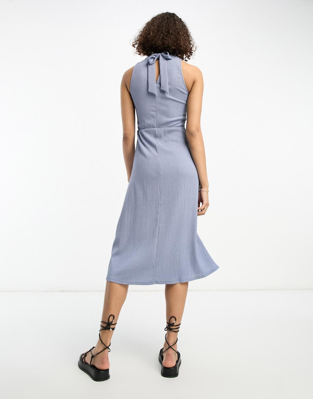 ASOS DESIGN wrap front sleeveless midi dress with hanky hem in blue Product Image