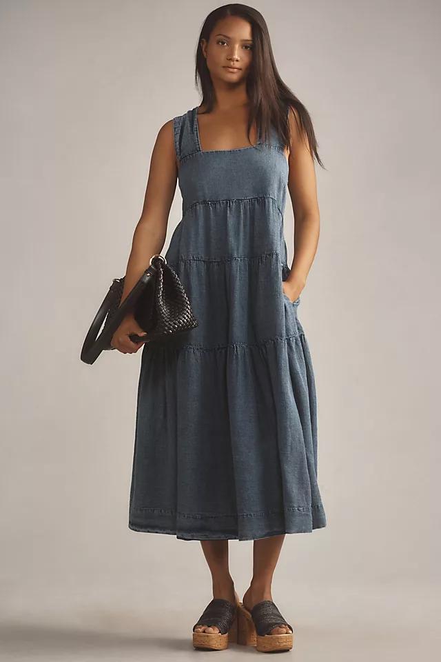 The Helena Square-Neck Tiered Midi Dress: Smocked Denim Edition Product Image