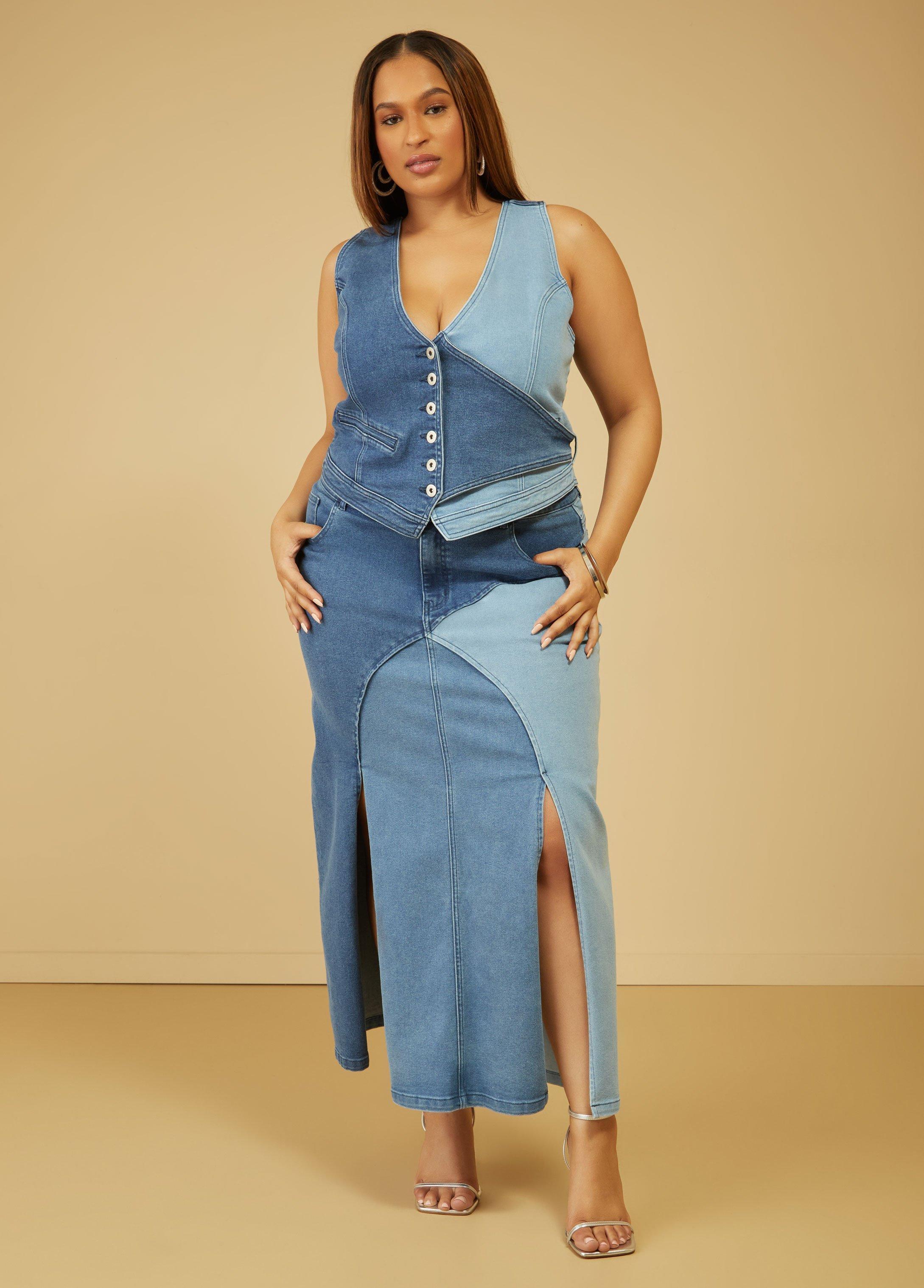 Plus Size Colorblock Split Front Denim Skirt Ashley Stewart Product Image