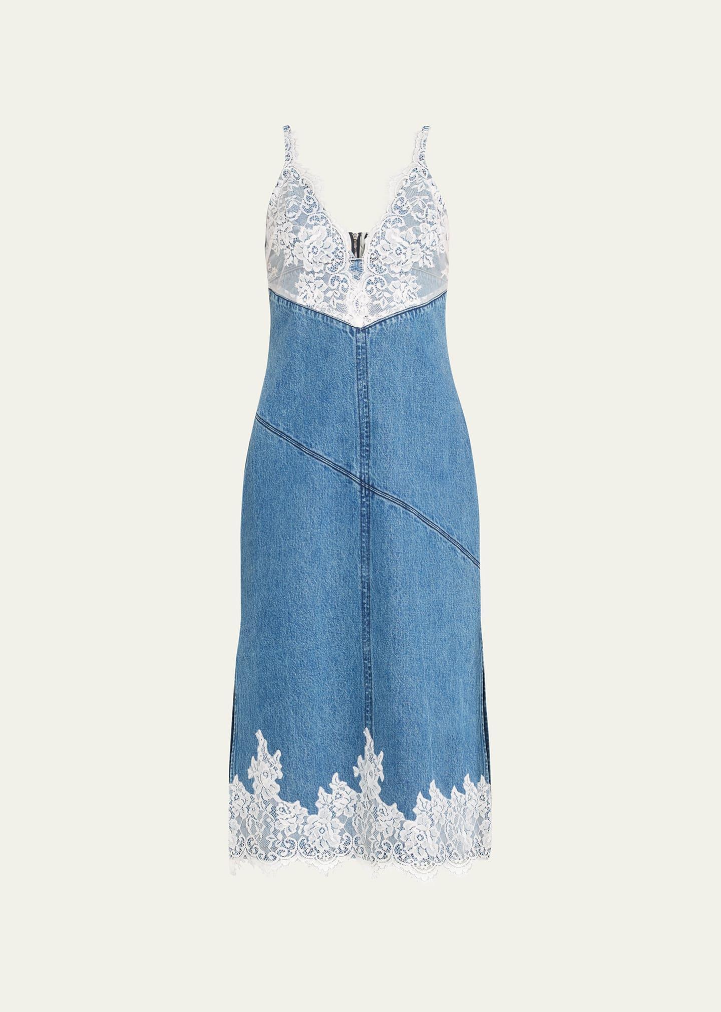 Womens Lace-Embellished Denim Midi-Dress Product Image