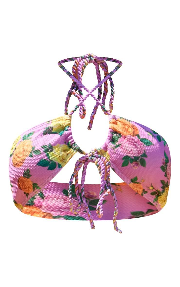 Pink Ditsy Floral Textured Cross Front Bikini Top Product Image