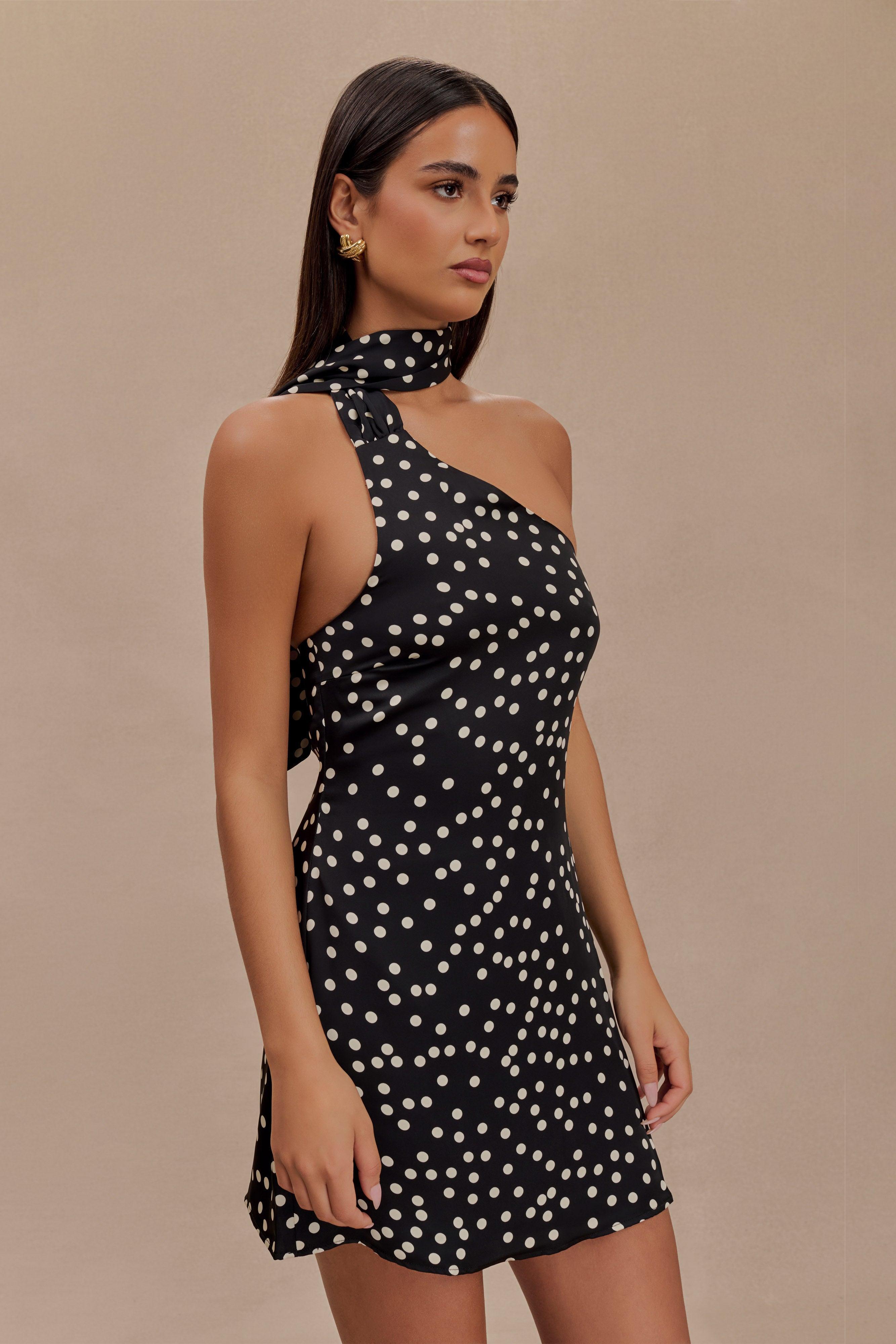 Joan Satin Asymmetrical Mini Dress - Black Polka Dot Print Product Image