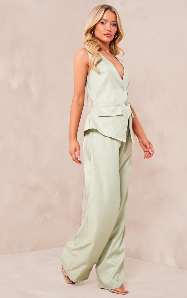 Sage Green Woven Vest Tailored Wide Leg Jumpsuit Product Image