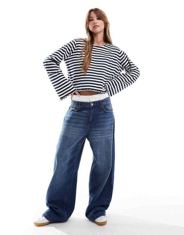 ASOS DESIGN lettuce hem long sleeve T-shirt in white and navy stripe Product Image