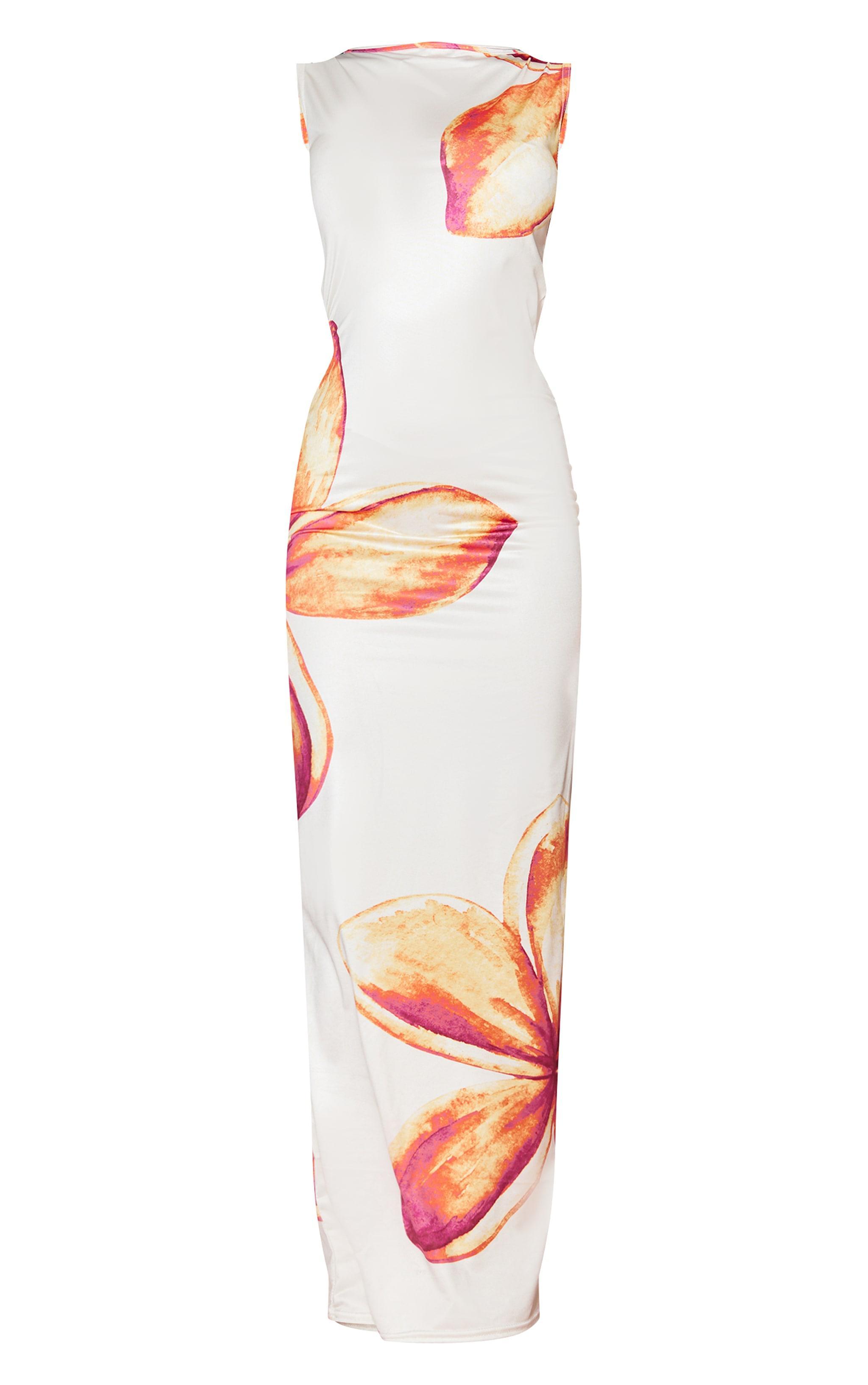 Nude Slinky Floral Printed Square Neck Maxi Dress Product Image