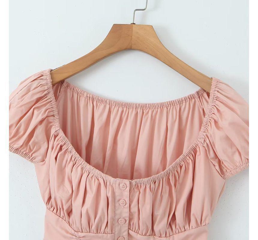 Puff-Sleeve Scoop Neck Plain Drawstring Cropped Blouse Product Image