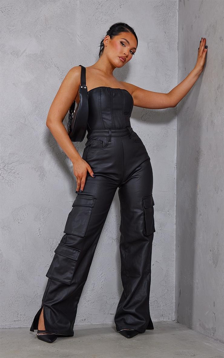 Black Coated Cargo Pocket Bandeau Denim Jumpsuit Product Image