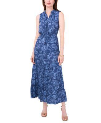 Msk Womens Tie-Neck Smocked-Waist Tiered Maxi Dress - Denim Product Image