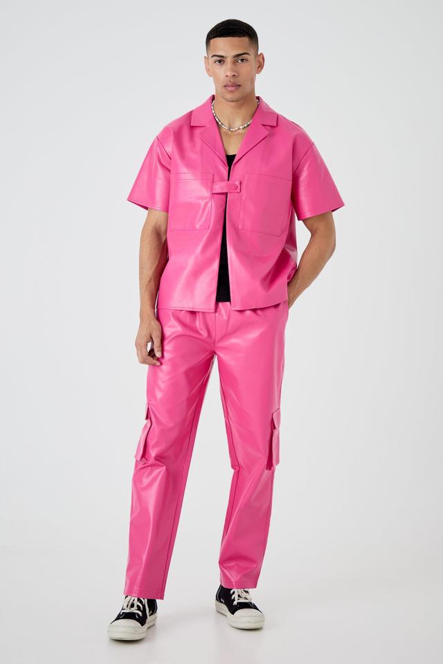 Mens Pink Short Sleeve Boxy Revere Button Pu Shirt & Trouser Set, Pink Product Image