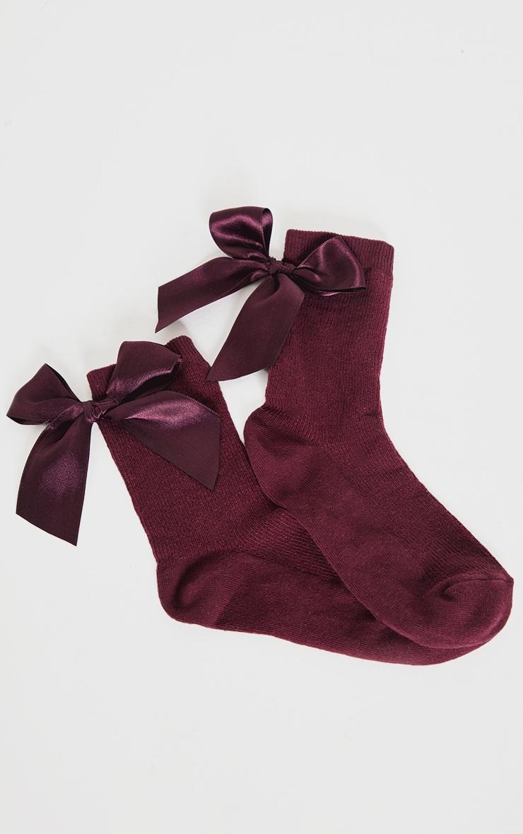 Burgundy Satin Bow Ribbed Ankle Socks Product Image