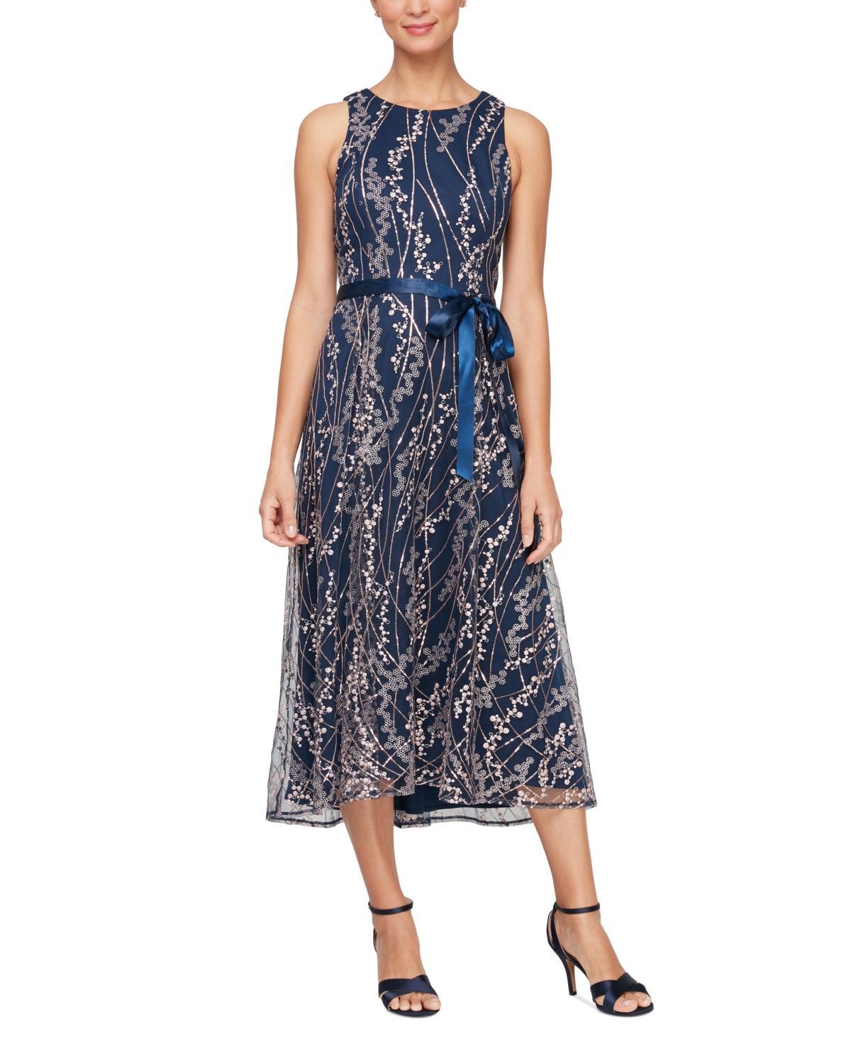 Alex Evenings Womens Metallic Floral Embroidered Sleeveless Midi Dress - Navy Product Image