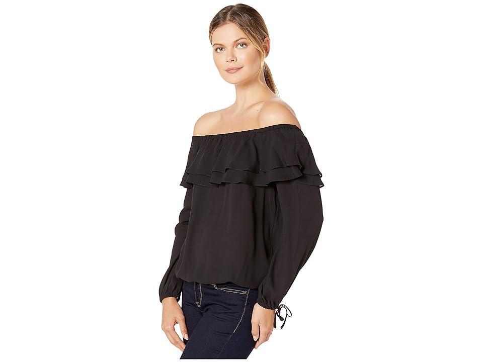 MICHAEL Michael Kors Liquid Crepe Double Layered Ruffle Off-the-Shoulder Long Sleeve Top Product Image