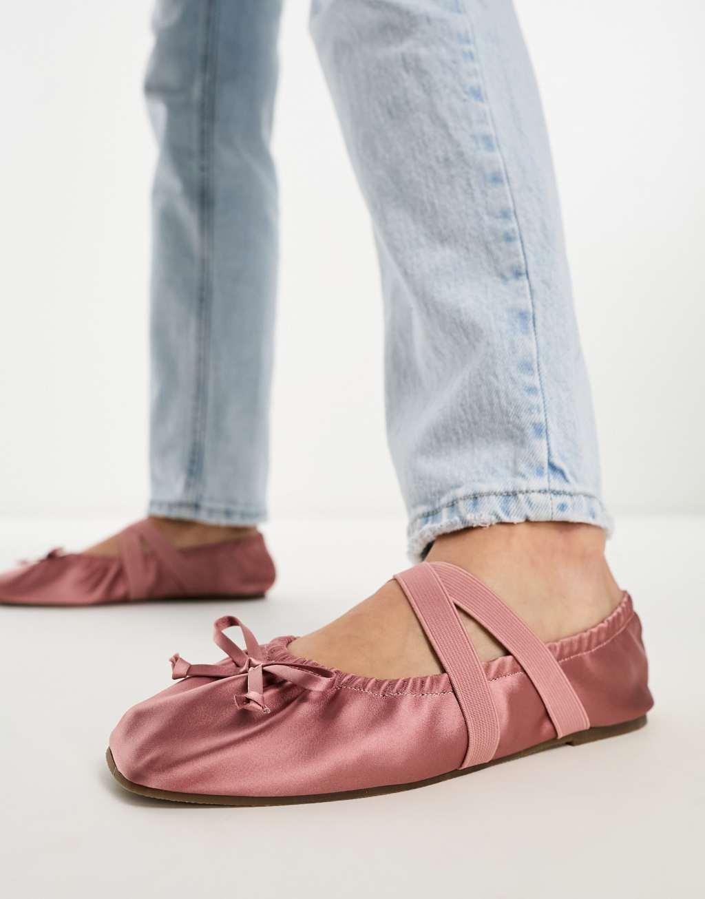 ASOS DESIGN Los Angeles ruched ballet flat in rose satin Product Image