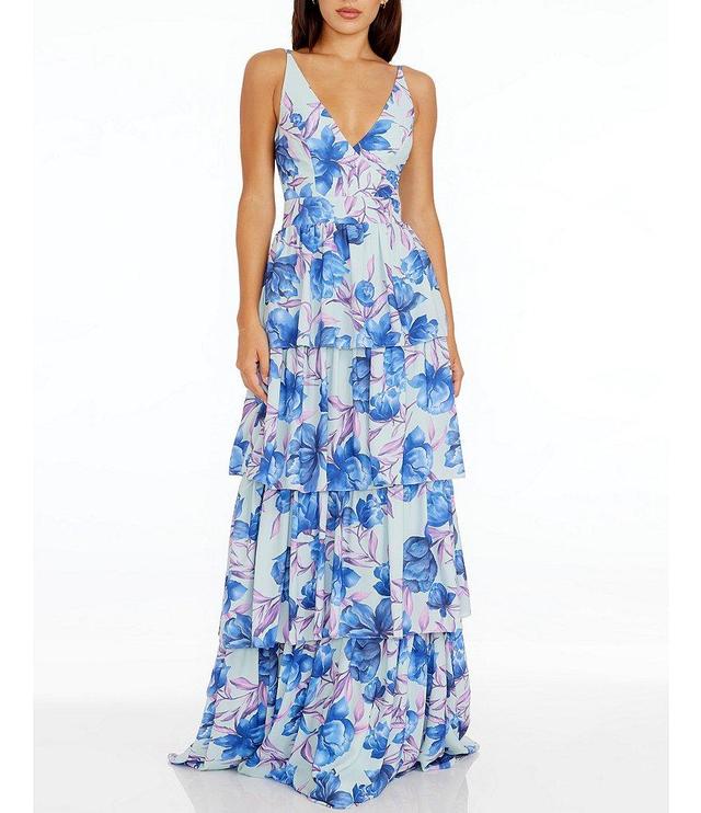 Dress the Population Lorain Floral Print V-Neck Sleeveless Tiered Gown Product Image