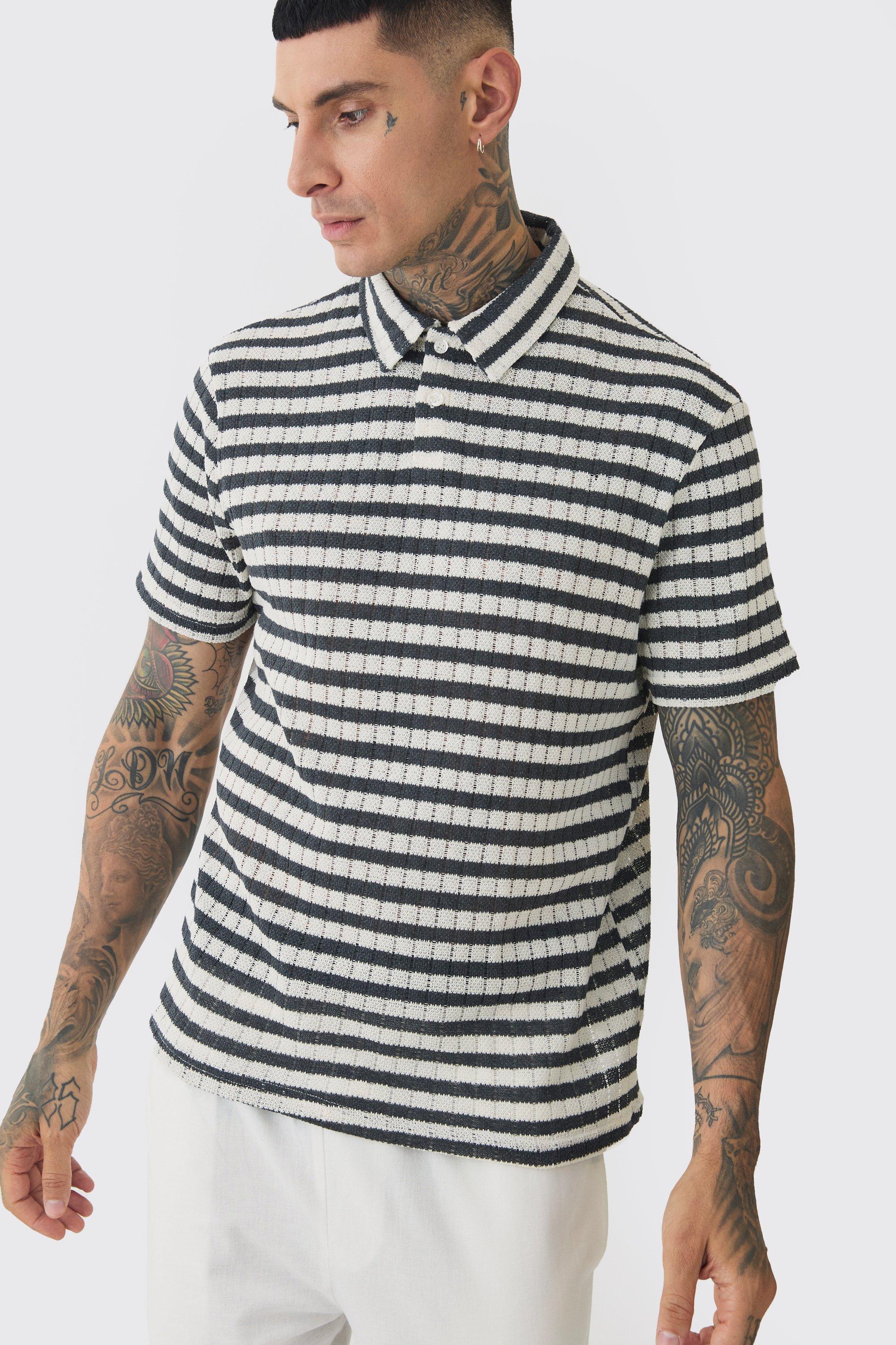 Tall Textured Stripe Polo | boohooMAN USA Product Image