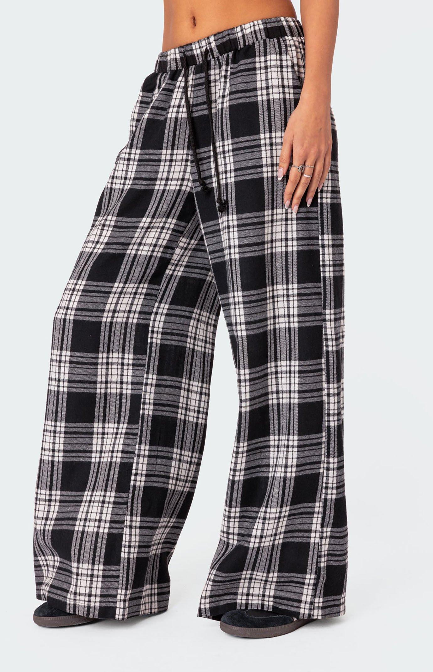 Edikted Women's Lounge Around Plaid Wide Leg Pants in White/Black - product image